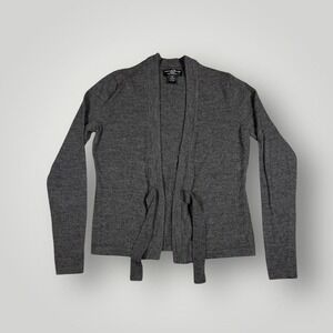 Marina Luna Sweater Womens Petite Medium Gray Merino Wool Belted Knit Cardigan